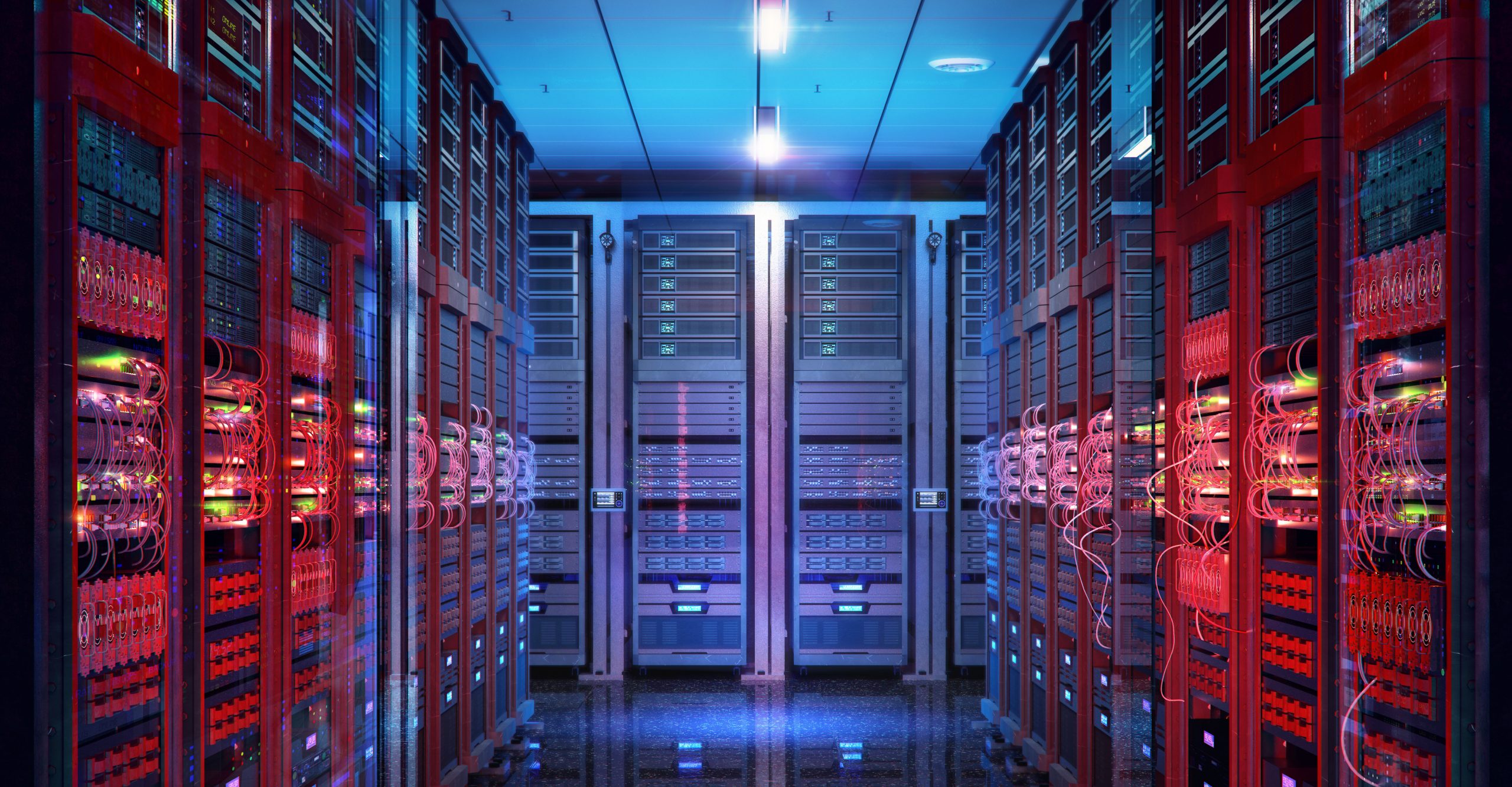 A brightly lit data center with rows of server racks filled with illuminated equipment and cabling on both sides, ensuring top-notch uptime. The high-tech infrastructure has a blue and red glow from various lights and indicators, critical for network reliability and seamless backups.