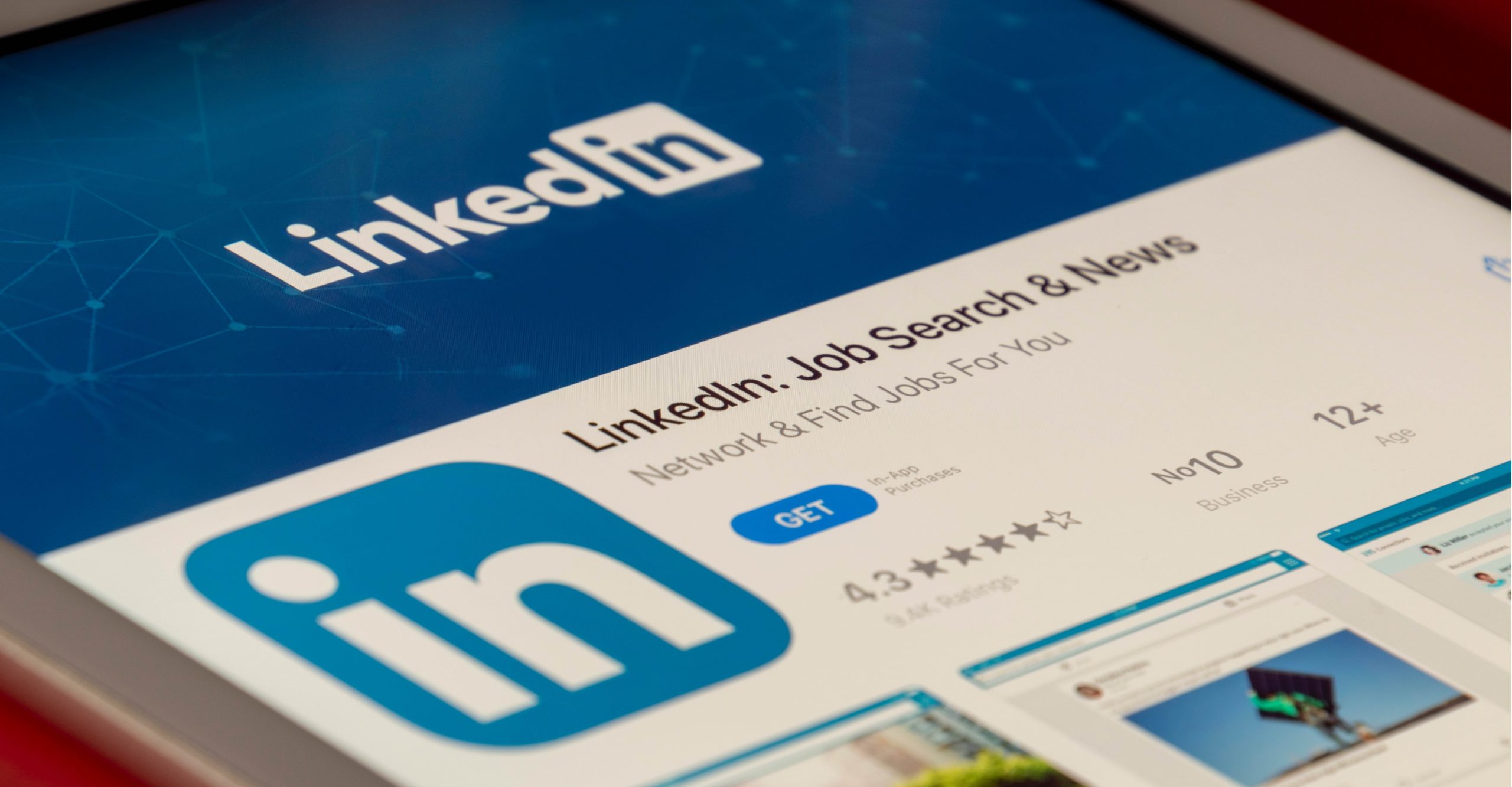 Close-up of a screen displaying the LinkedIn: Job Search & News app in an app store, showcasing the app icon, a 4.3-star rating, and options to get the app. Simplify your job hunt with reliable network uptime and seamless availability.