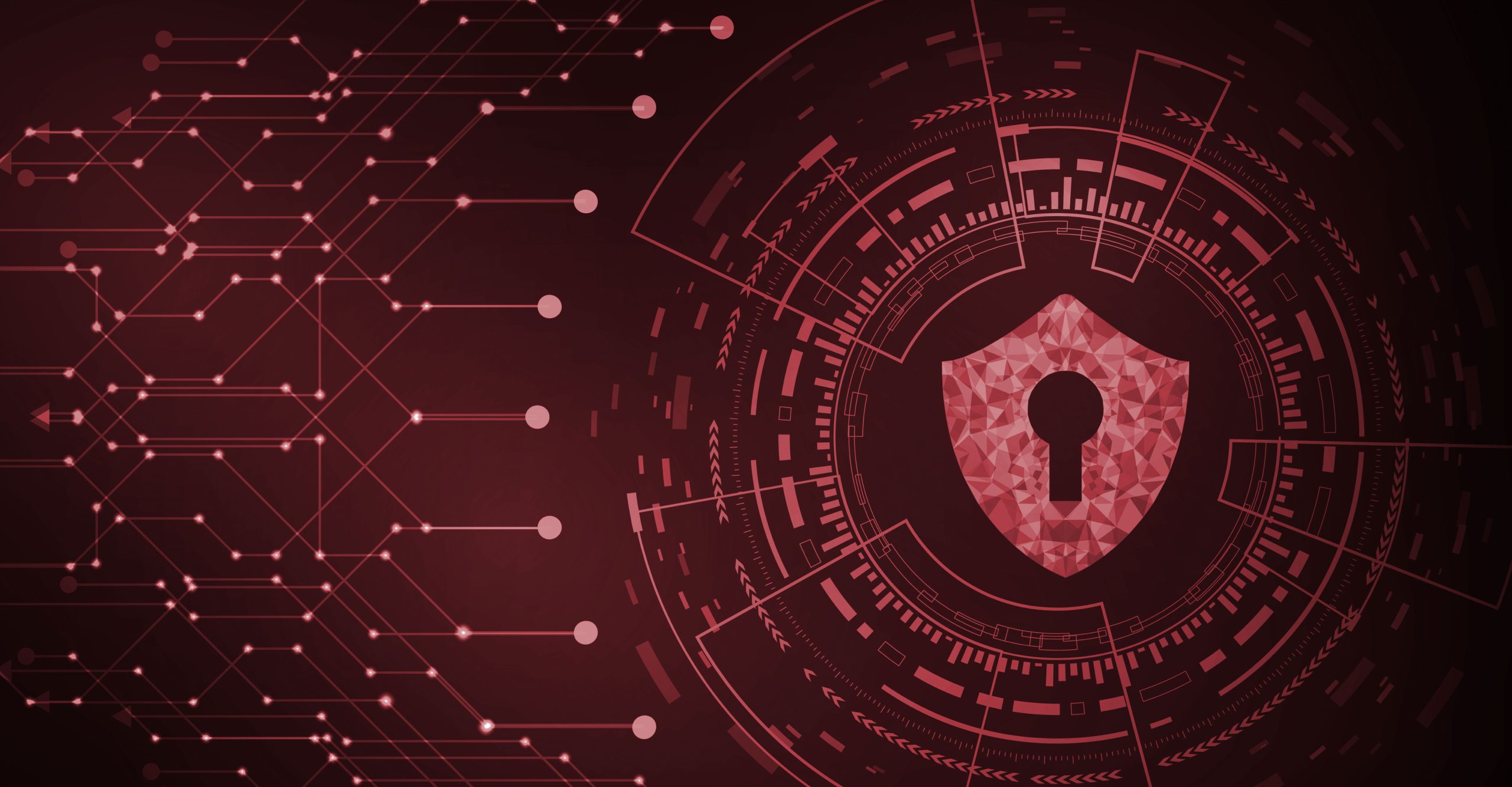 A digital shield with a keyhole is surrounded by various geometric and circuit-like patterns on a red background, symbolizing network security and data protection in the realm of cybersecurity.