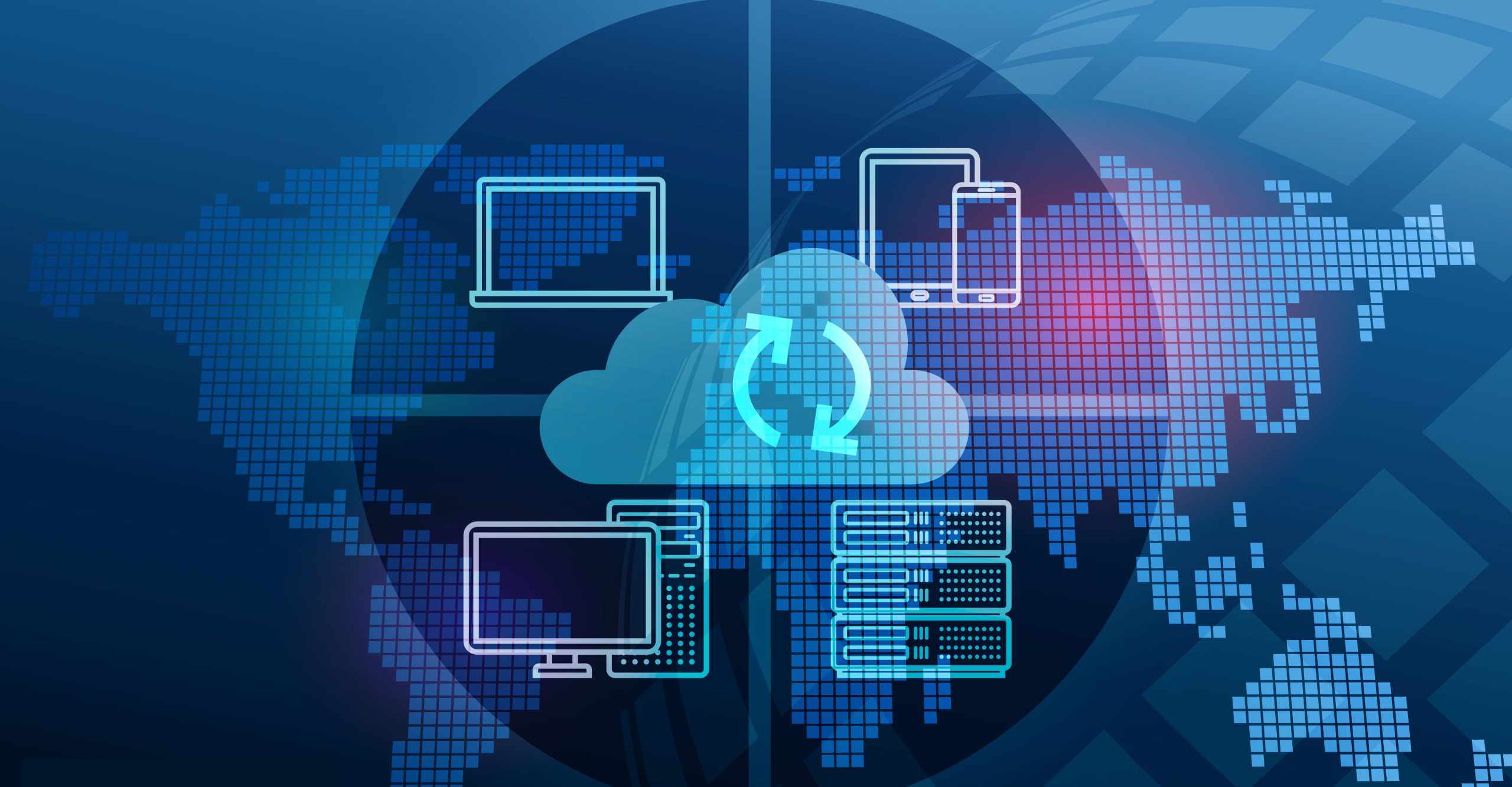 Digital illustration depicting cloud computing network with devices such as laptops, tablets, smartphones, and servers connected to a central cloud icon against a world map background, highlighting the robust infrastructure and uptime availability of data.