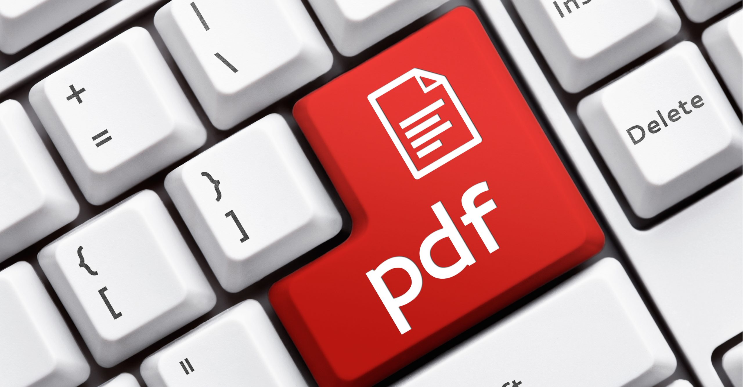 A red keyboard button with a PDF icon and text labeled "pdf" is surrounded by white keys, hinting at secure document management like a digital password.