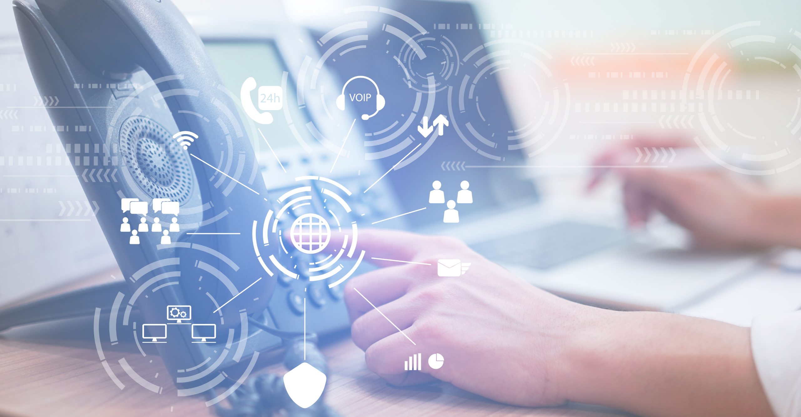 Hand pressing buttons on a VoIP telephone with network and communication icons overlaid, illustrating digital communication technology and the importance of password security.