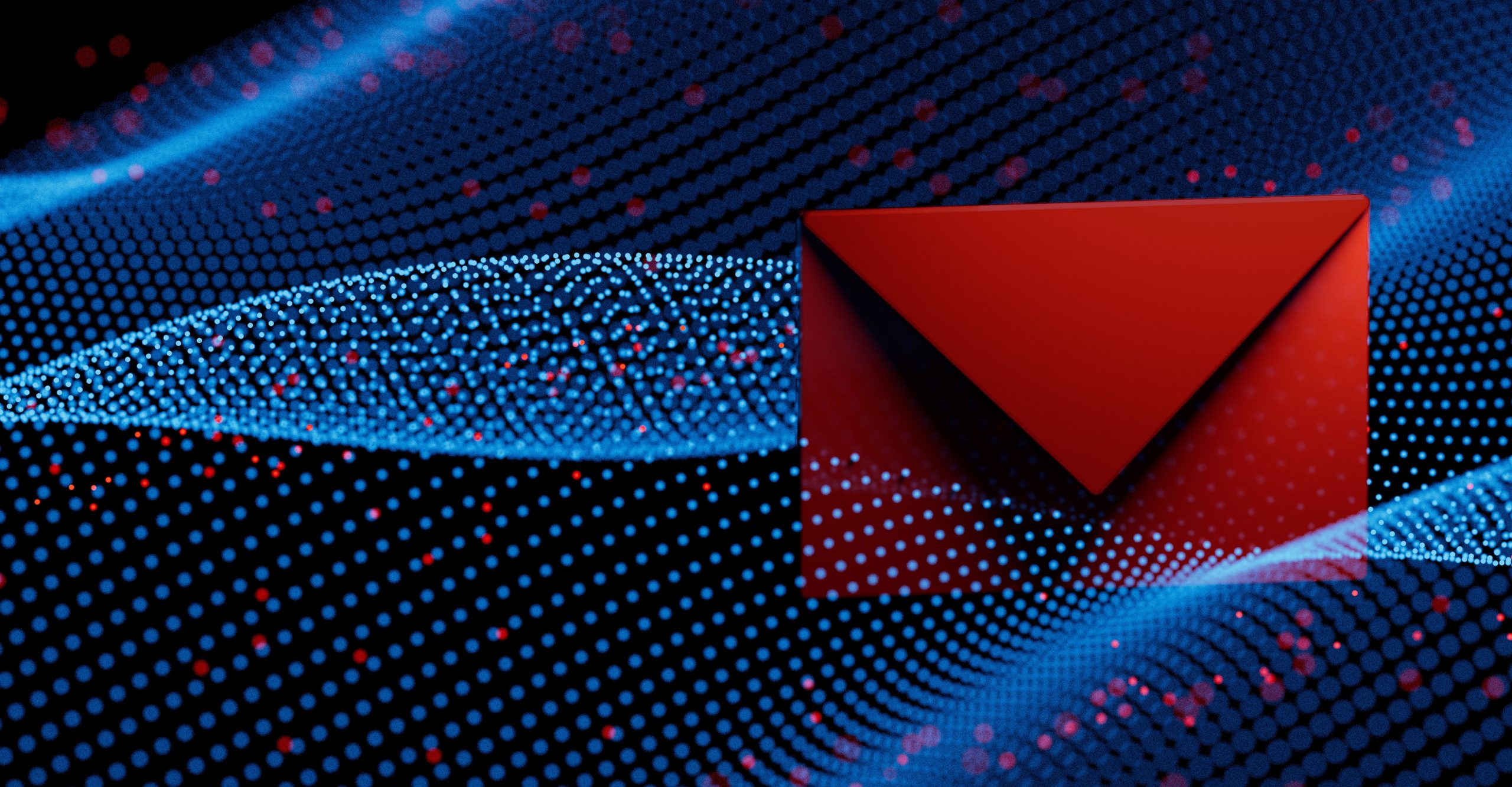 Red envelope icon over a background of blue and red digital dots and waves, suggesting digital communication or password-protected messaging.