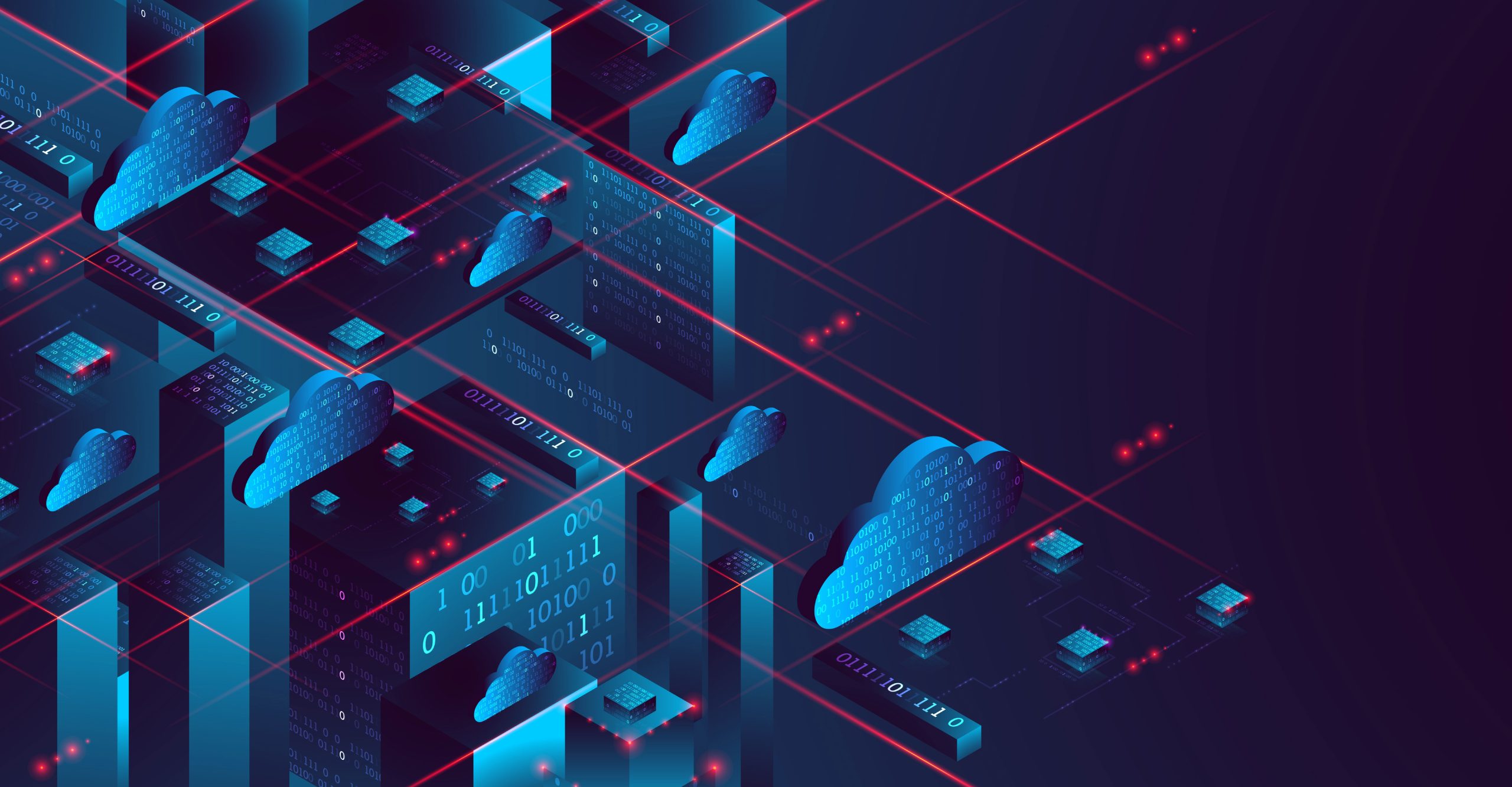 Abstract digital illustration showing cloud computing concepts with blue cloud icons and data nodes connected by red lines, emphasizing password security within the network.