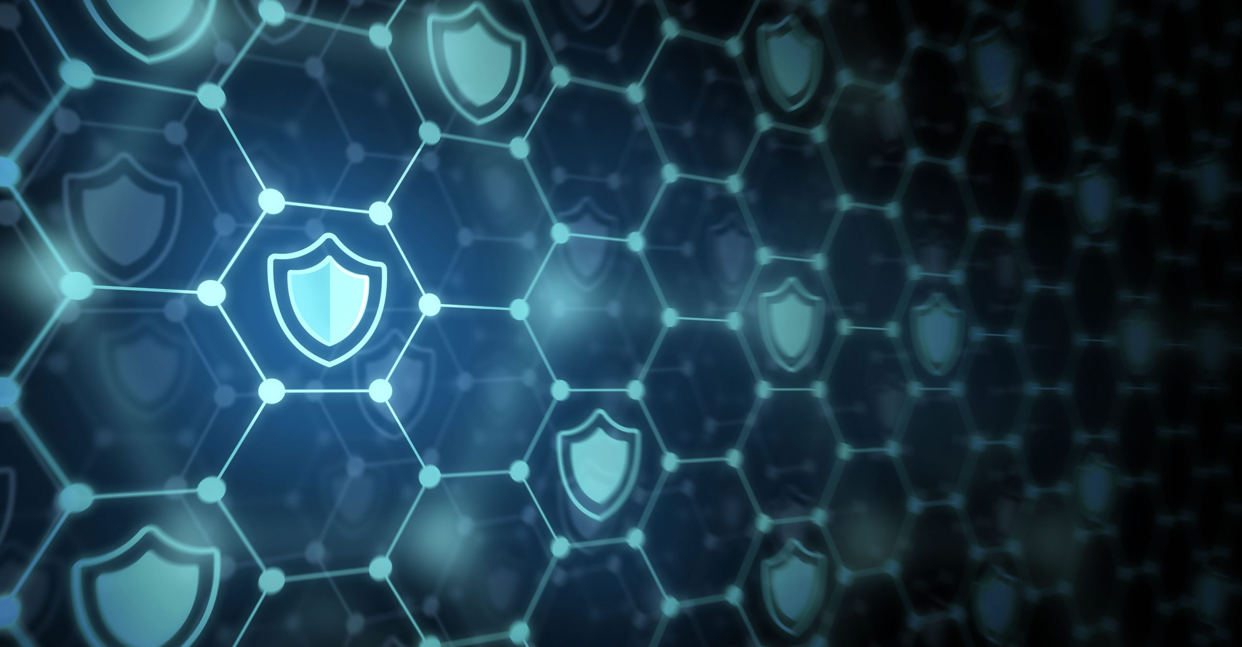 A digital representation of a network security system featuring a honeycomb pattern with shield icons, symbolizing protected data connections and integrated endpoint management.