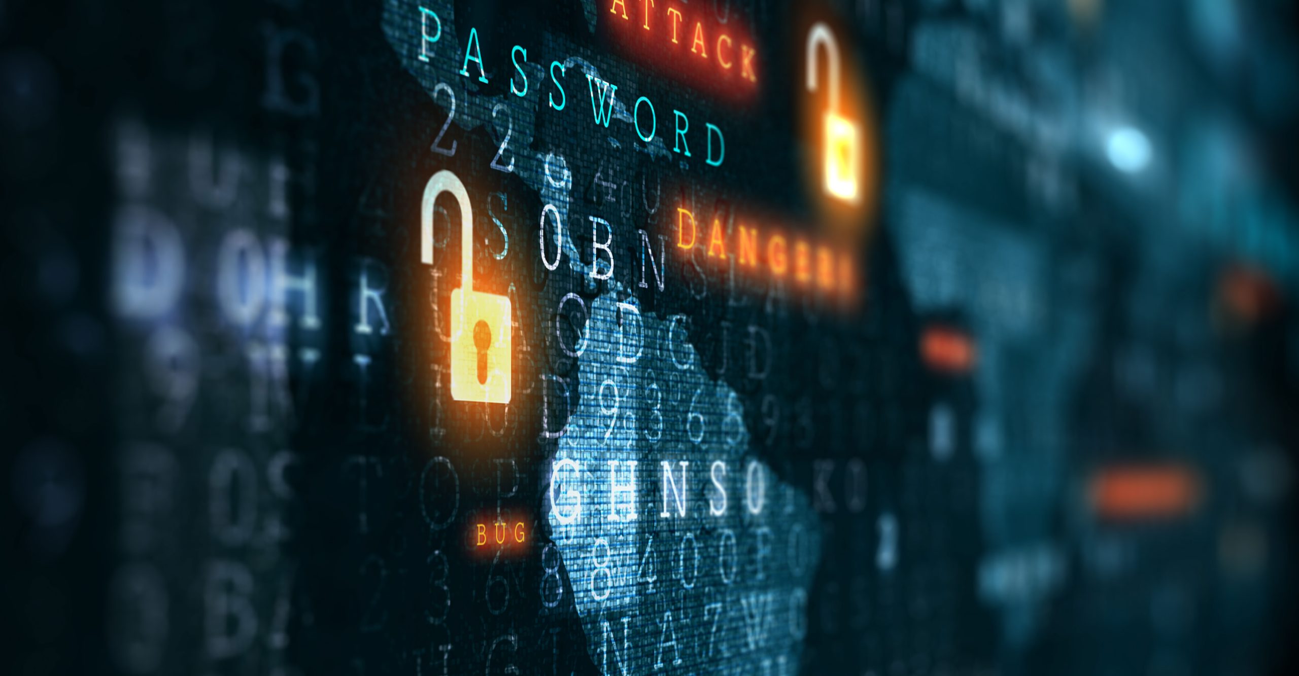 A digital illustration of a computer security breach displays unlocked padlocks, the word "PASSWORD," and other cybersecurity terms like "ATTACK" and "DANGER." This serves as a visual tool for cyber training.