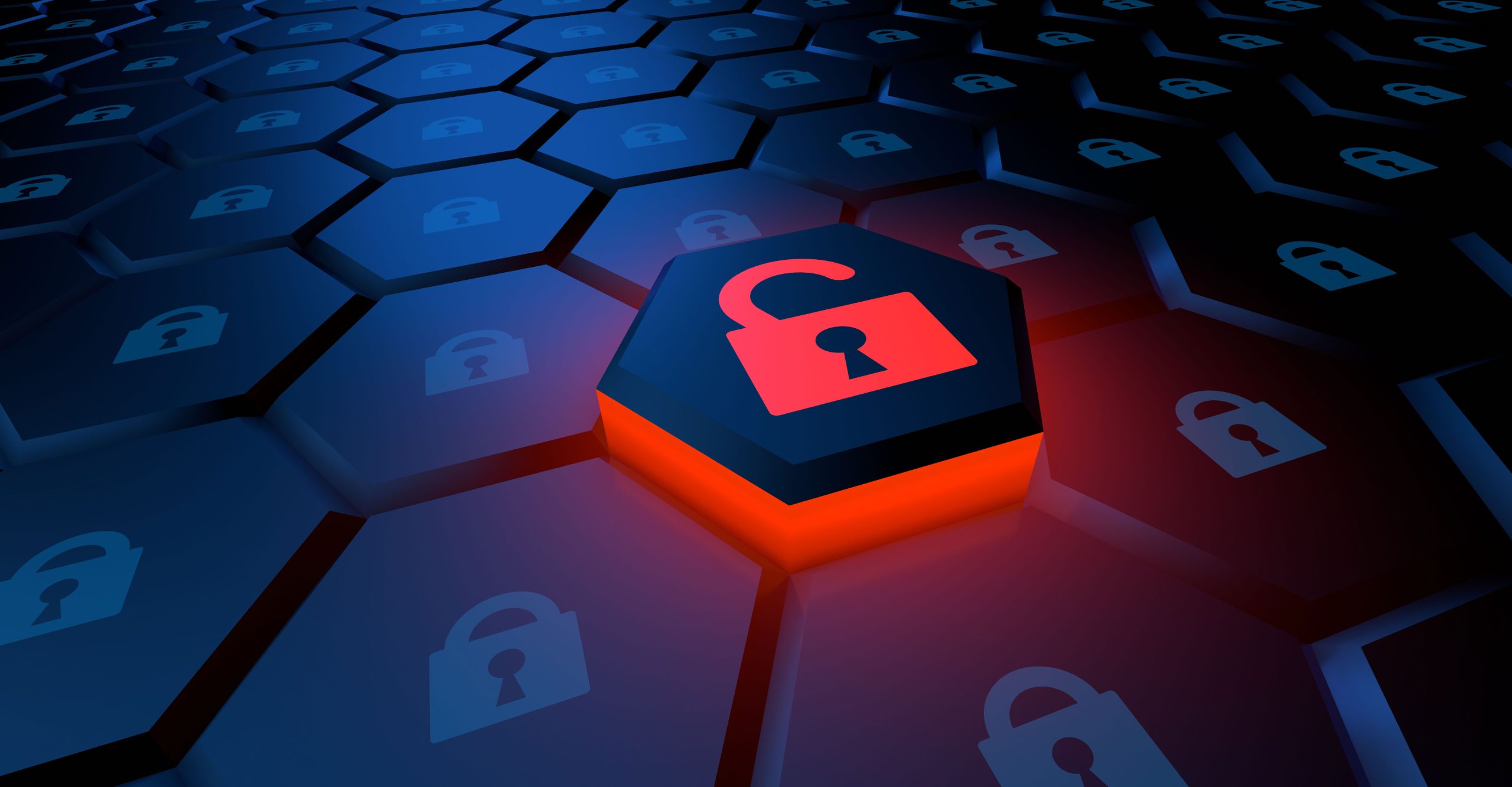 A glowing red hexagon with an open padlock icon stands out among multiple blue hexagons with closed padlock icons, symbolizing a security breach or unlocked access—illustrating the critical difference in threat detection capabilities between EDR and MDR.