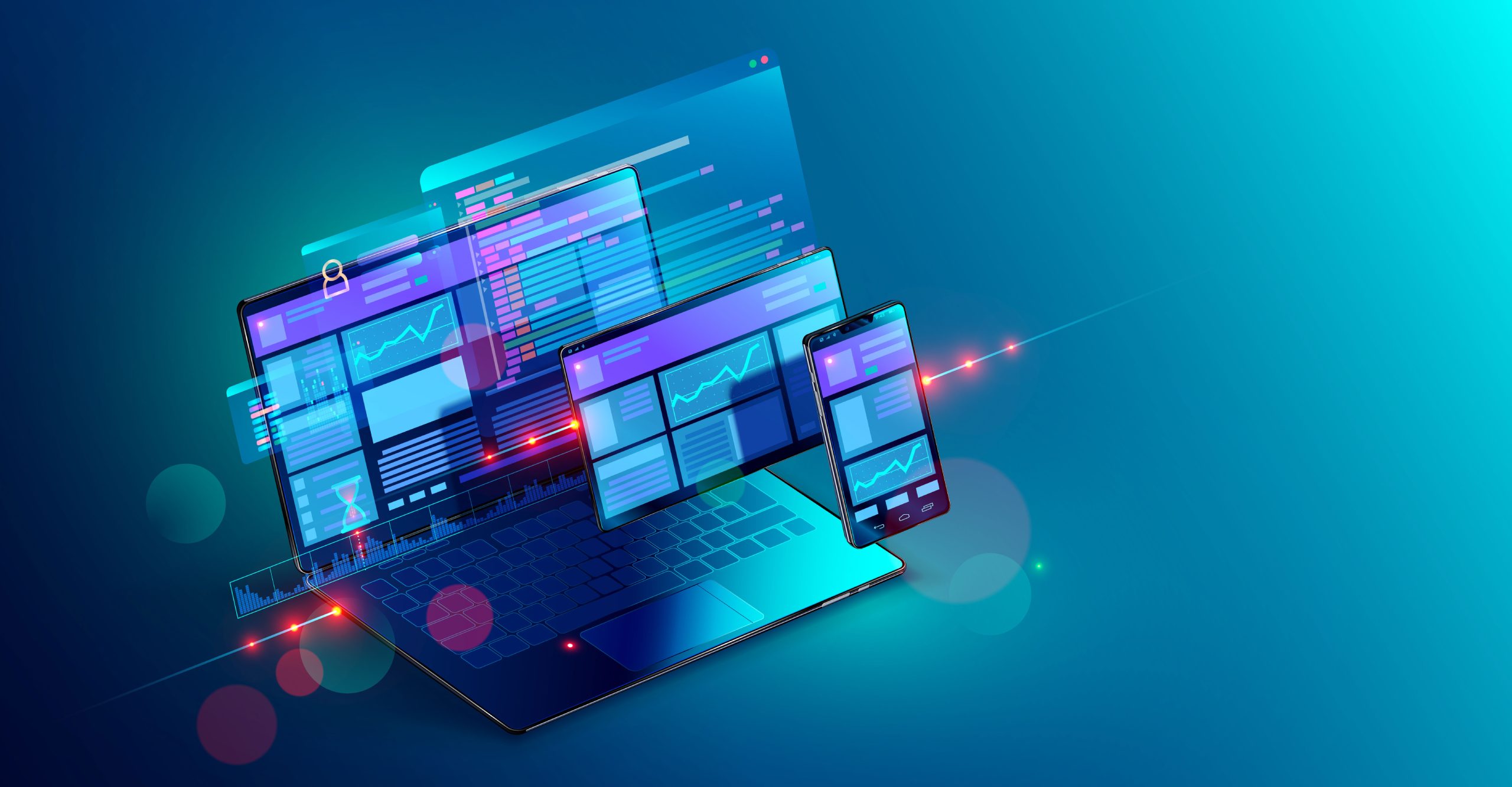 Illustration of a laptop and a smartphone displaying various graphs and data charts on their screens, highlighting advanced systems hardening techniques, set against a blue gradient background.