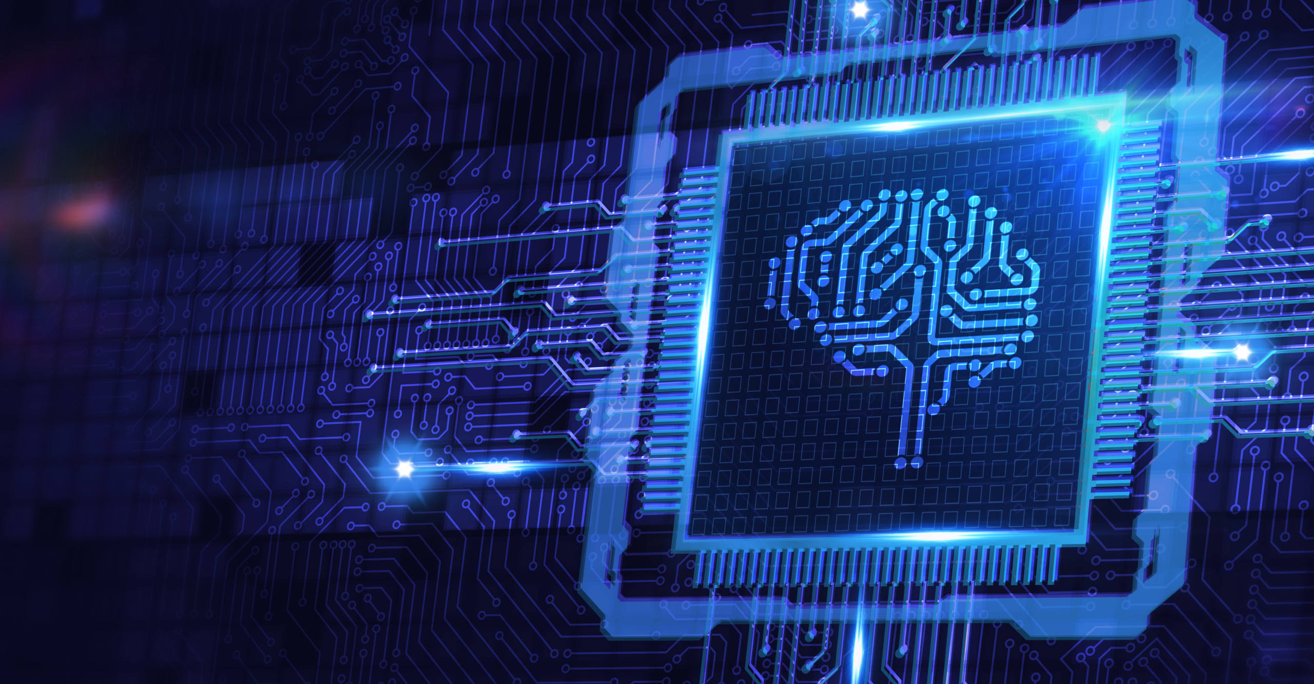 Digital illustration of a microchip with a brain icon, representing artificial intelligence and systems hardening, against a dark blue circuit board background.