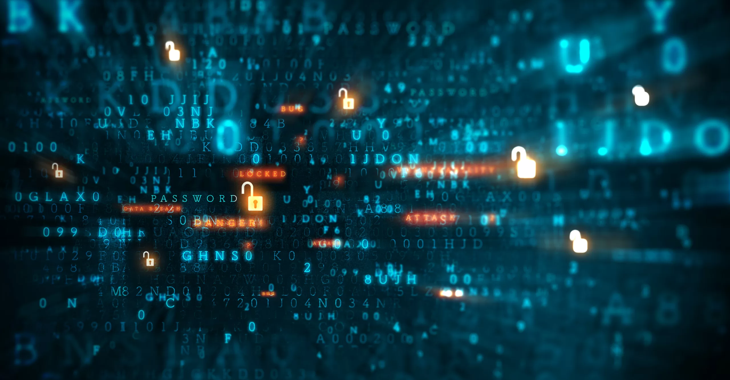 Abstract digital illustration showing bright padlock icons among blue binary code, representing cybersecurity mechanisms. Some locks are closed, indicating security through systems hardening, while others are open, indicating vulnerabilities.