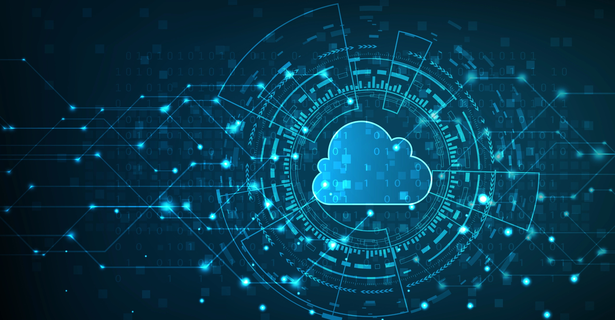 Digital illustration depicting a blue cloud icon surrounded by futuristic, glowing data circuits and binary code, symbolizing systems hardening in cloud computing and advanced data technology.