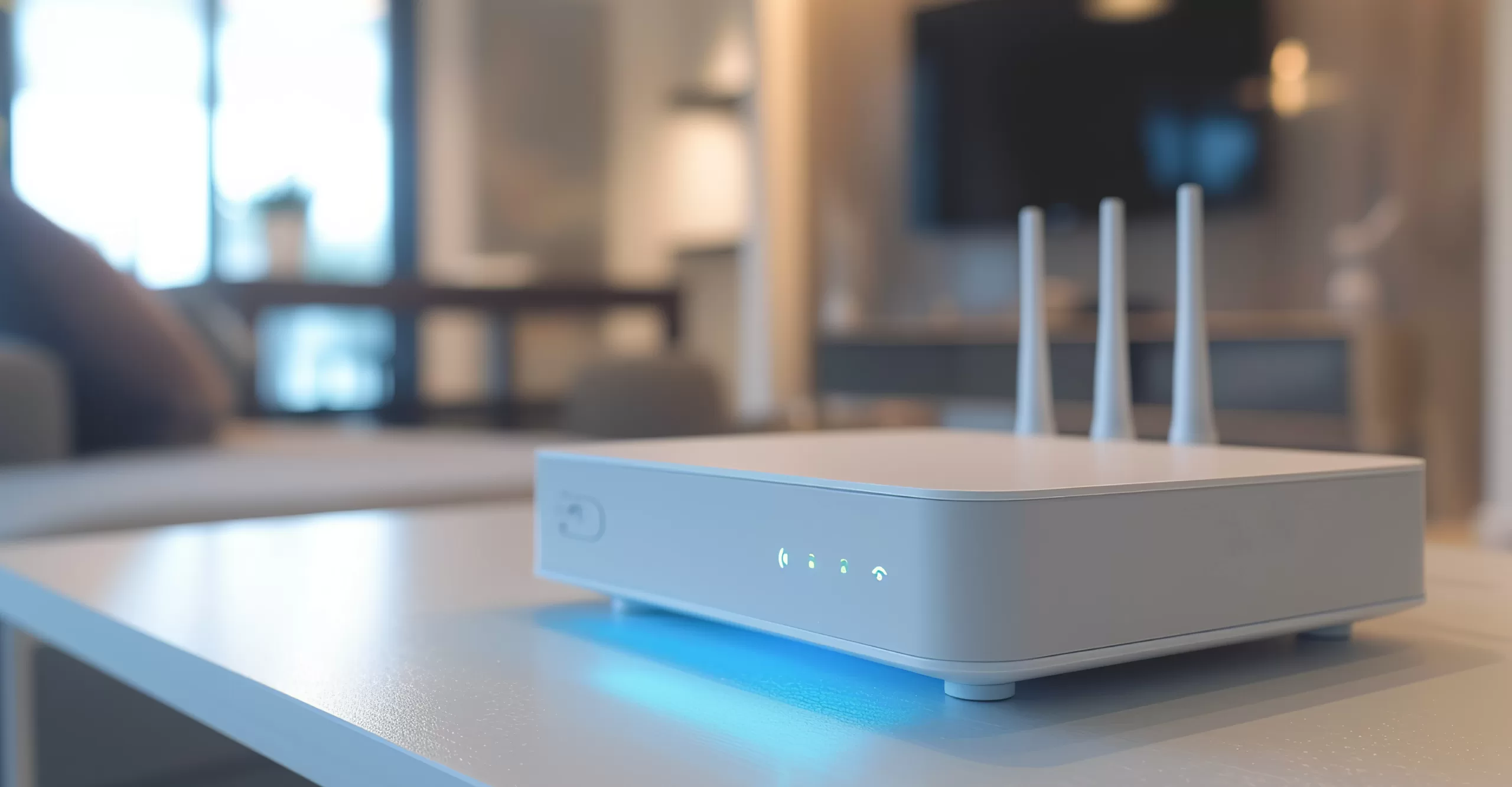 A white wireless router with three antennas sits on a table in a modern, blurred living room, its LEDs indicating active connections and robust systems hardening.