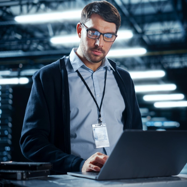 A man in a blue shirt and glasses, wearing an ID badge, works on a laptop in an industrial setting with bright overhead lights, providing crucial computer IT support.