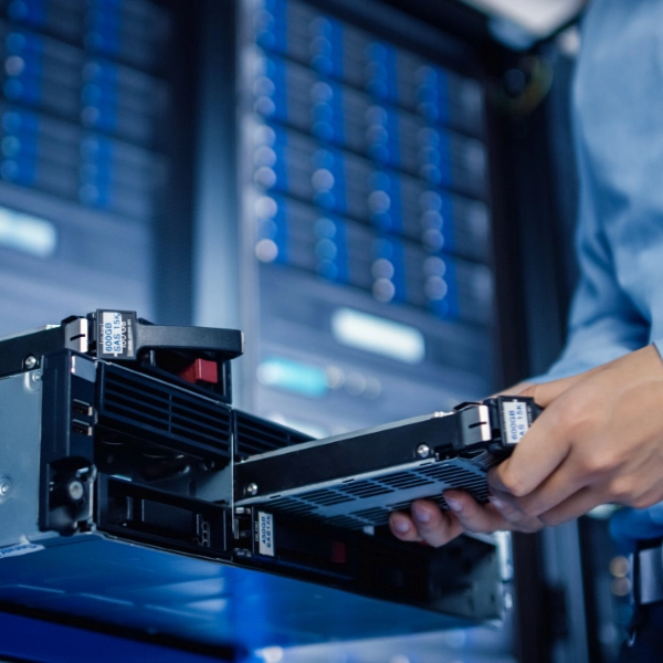 A person from an IT support company is inserting a hard drive into a server rack in a data center, with blue and black server units in the background.