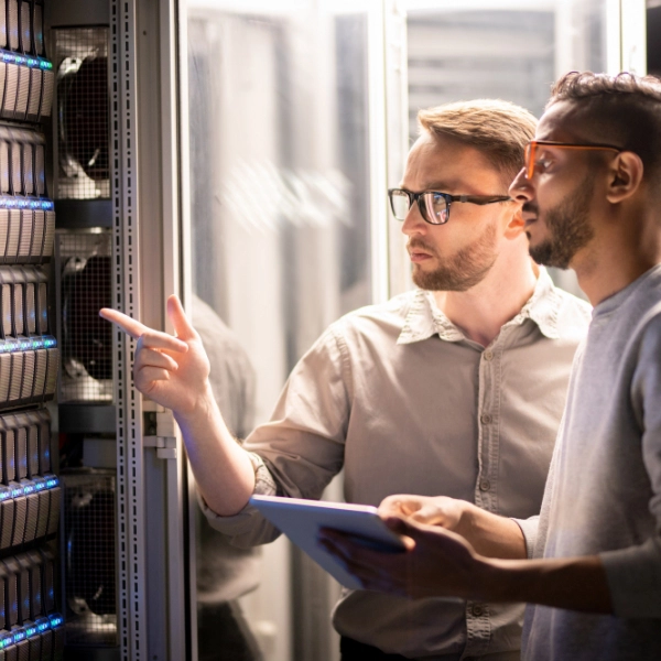 Two men with glasses examine server racks; one points while holding a tablet, showcasing the expertise of their computer IT support.