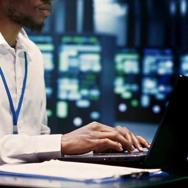 Person typing on a laptop with a clipboard on the desk in front of them; blurry background of computer screens displaying data from an IT support company.