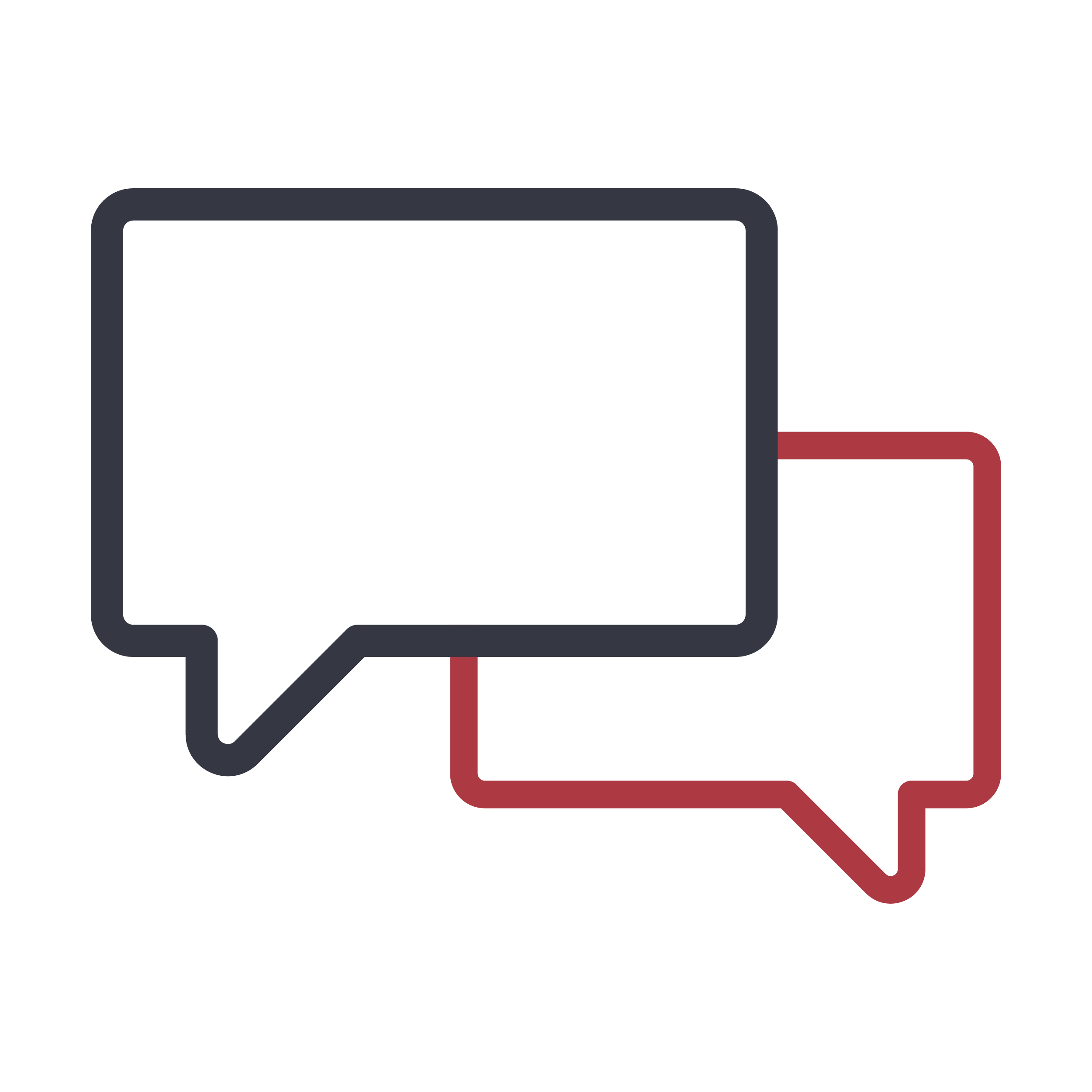 Two overlapping speech bubbles, one outlined in black and the other in red, symbolizing communication or conversation—ideal for visualizing concepts in computer IT support or managed IT services.