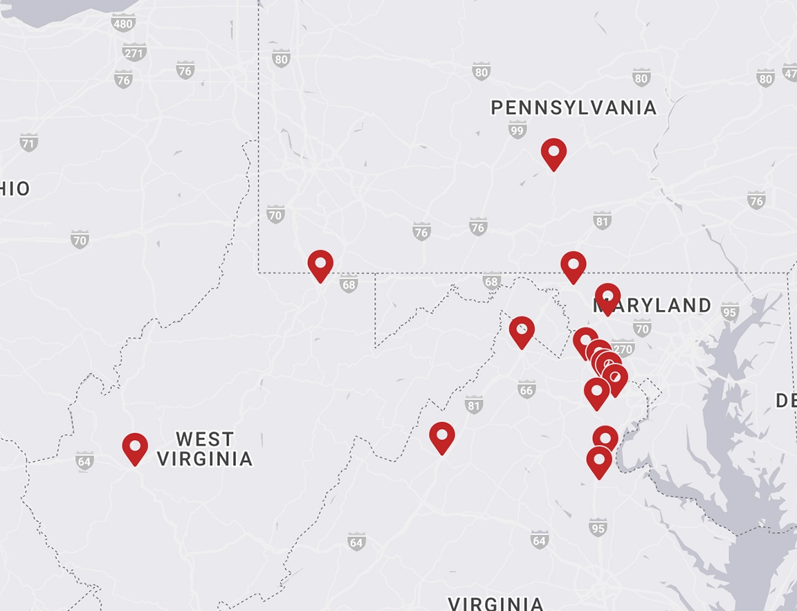 A map highlighting multiple pinned locations in Pennsylvania, Maryland, West Virginia, and parts of Virginia. The majority of the pins are clustered in Virginia, showcasing the reach of a leading managed IT services provider.