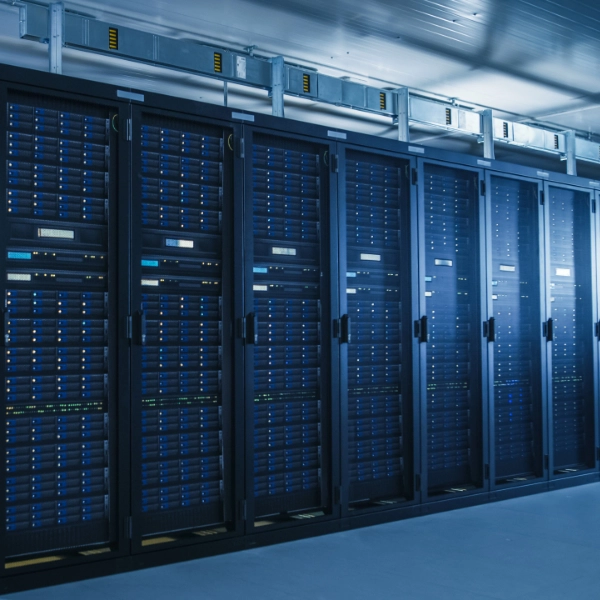 A row of server racks with blinking lights in a data center, illuminated by cool blue lighting, showcases the heart of an IT support company.