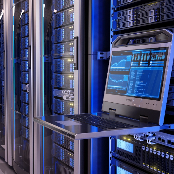 A server room with rows of server racks and a laptop on a slide-out shelf displaying data and graphs on its screen. Blue lighting highlights the equipment. This is the heart of an IT support company, where top-notch network support ensures seamless operations.