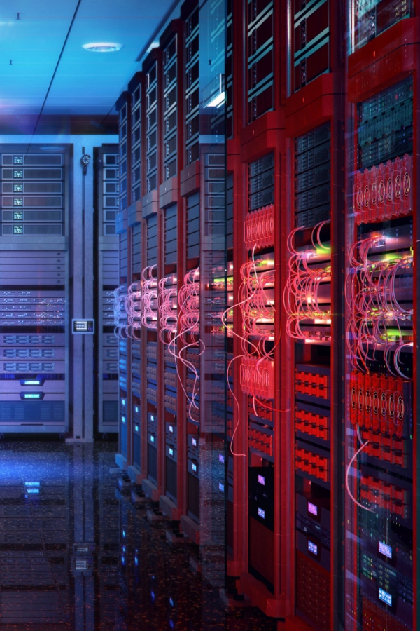 A row of server racks with illuminated cables in a dimly lit data center, showcasing the precision and reliability fundamental to top-tier IT services.