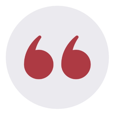 Red quotation mark icon inside a light grey circle, representing our client reviews.