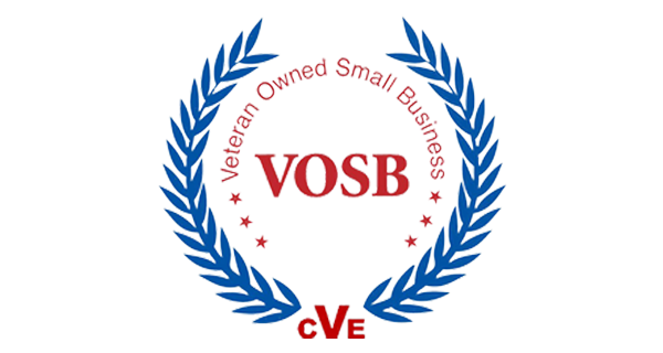 Emblem with blue laurel wreath encircling the text "Veteran Owned Small Business" in red, with the acronym "VOSB" in larger red letters at the center.