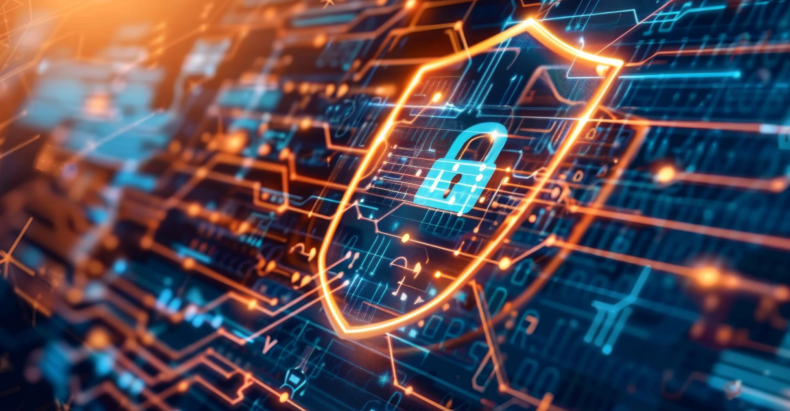 A digital shield with a padlock icon overlays a complex circuit board pattern, symbolizing cybersecurity, systems hardening, and data protection. Orange and blue light effects accentuate the design.